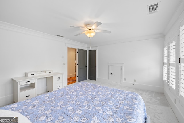 11660 Crabapple Rd, Roswell, GA 30075 - bedroom featuring ornamental molding, light carpet, and a ceiling fan