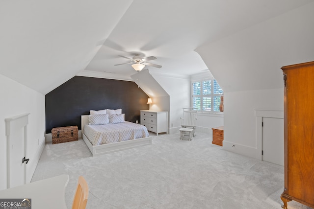 11660 Crabapple Rd, Roswell, GA 30075 - bedroom featuring vaulted ceiling, light carpet, and a ceiling fan