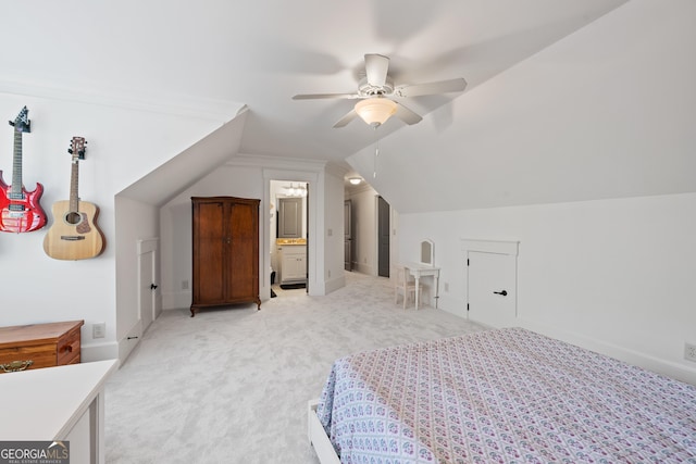 11660 Crabapple Rd, Roswell, GA 30075 - bedroom with light colored carpet, lofted ceiling, ceiling fan, and connected bathroom