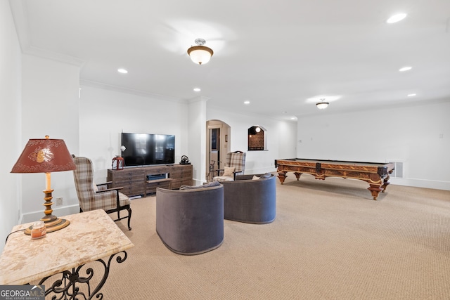 11660 Crabapple Rd, Roswell, GA 30075 - carpeted living room with arched walkways, billiards, ornamental molding, and recessed lighting