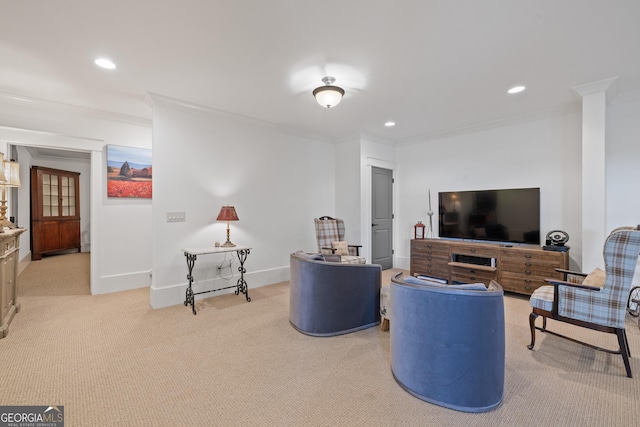 11660 Crabapple Rd, Roswell, GA 30075 - living room with carpet floors, ornamental molding, and recessed lighting