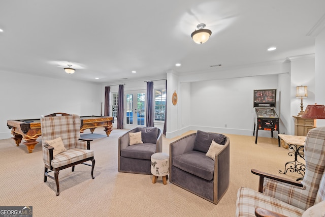 11660 Crabapple Rd, Roswell, GA 30075 - living room featuring carpet, pool table, recessed lighting, french doors, and crown molding