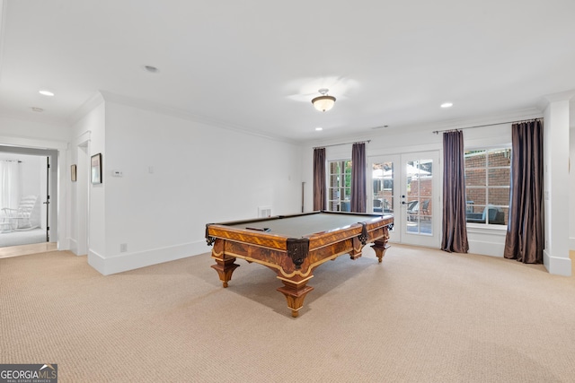 11660 Crabapple Rd, Roswell, GA 30075 - game room with light colored carpet, crown molding, pool table, recessed lighting, and french doors