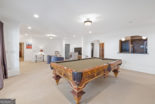 11660 Crabapple Rd, Roswell, GA 30075 - playroom with arched walkways, light colored carpet, recessed lighting, pool table, and ornamental molding