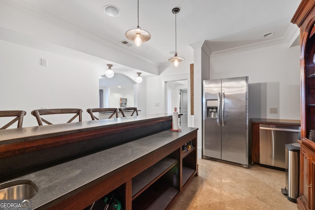 11660 Crabapple Rd, Roswell, GA 30075 - kitchen featuring stainless steel appliances, dark countertops, crown molding, hanging light fixtures, and recessed lighting
