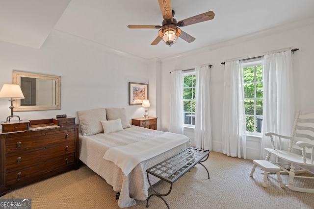 11660 Crabapple Rd, Roswell, GA 30075 - bedroom featuring light carpet, a ceiling fan, and ornamental molding