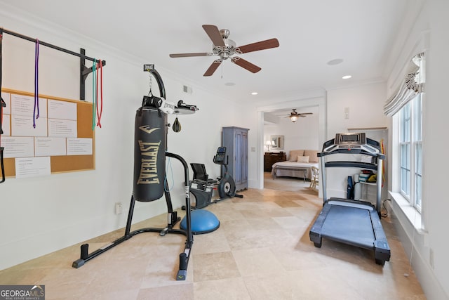 11660 Crabapple Rd, Roswell, GA 30075 - workout room with ceiling fan, ornamental molding, and recessed lighting
