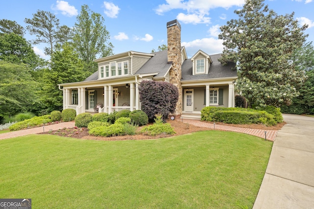 11660 Crabapple Rd, Roswell, GA 30075 - view of front facade featuring a porch, a front yard, a chimney, and a shingled roof
