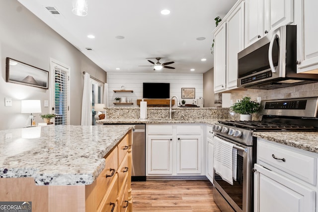 kitchen with appliances with stainless steel finishes, a sink, a ceiling fan, a peninsula, and tasteful backsplash