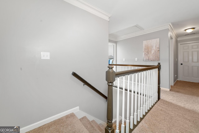 staircase featuring attic access, carpet floors, crown molding, and baseboards