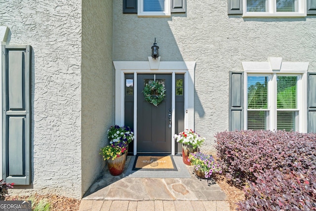 view of exterior entry with stucco siding