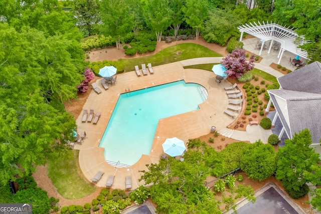community pool featuring a pergola, a patio, and view of wooded area