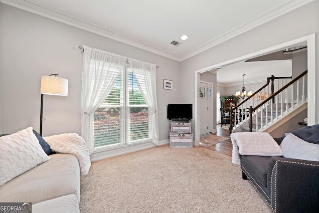 living area with a chandelier, crown molding, stairs, carpet flooring, and recessed lighting