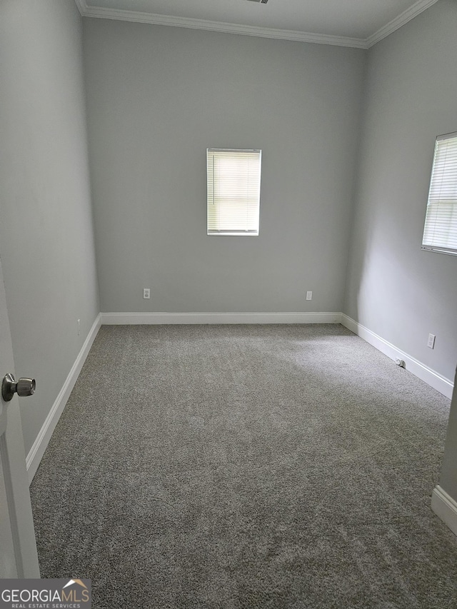 empty room with carpet, ornamental molding, and baseboards