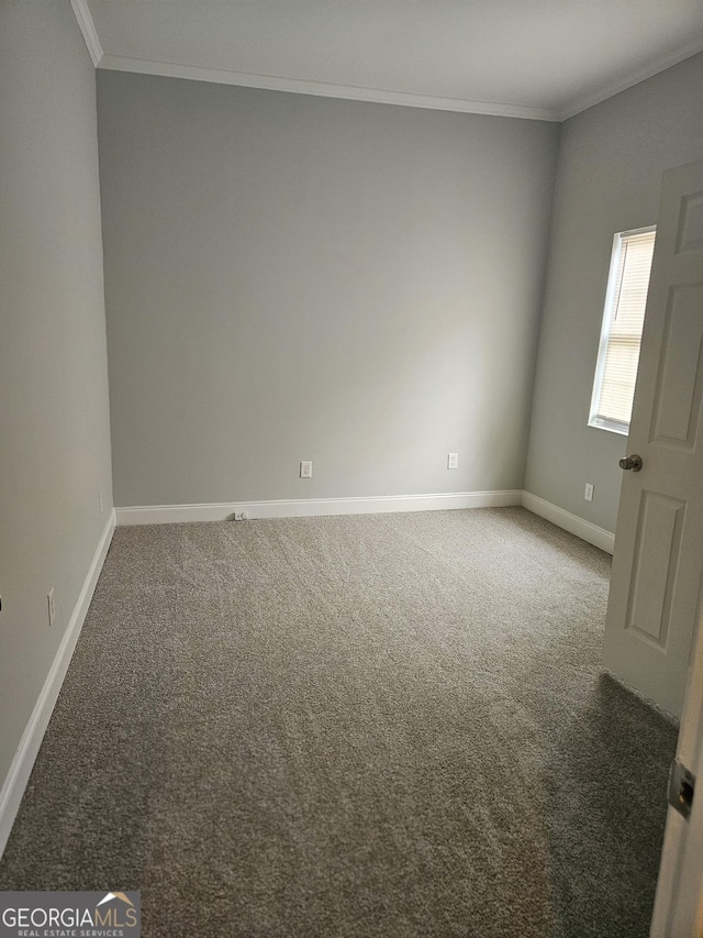 empty room with carpet, crown molding, and baseboards