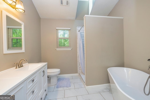 10 Queens Ct, Sharpsburg, GA 30277 - full bathroom featuring marble finish flooring, healthy amount of natural light, double vanity, and a freestanding bath