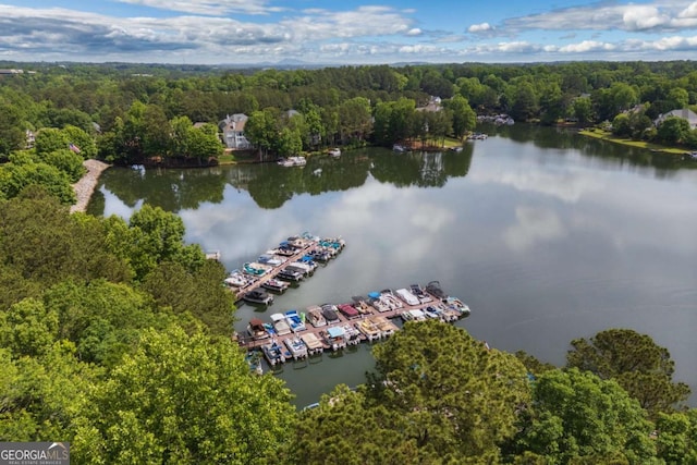 drone / aerial view of a large body of water, a heavily wooded area, and a marina
