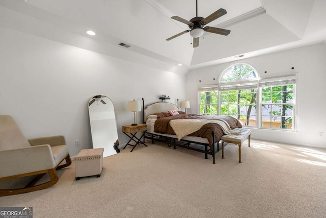 bedroom with carpet floors, recessed lighting, and ceiling fan