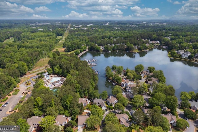 aerial perspective of suburban area with a forest and a nearby body of water