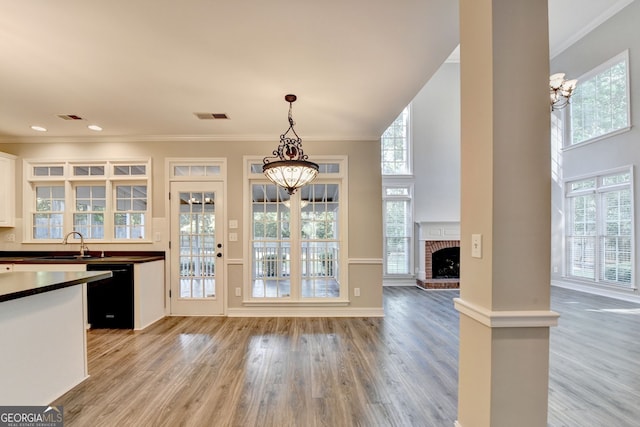 2049 Mclain Rd NW, Acworth, GA 30101 - kitchen featuring a chandelier, dishwasher, light wood finished floors, a fireplace, and white cabinets