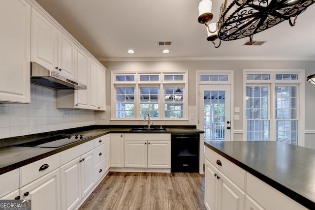 2049 Mclain Rd NW, Acworth, GA 30101 - kitchen featuring black appliances, under cabinet range hood, dark countertops, a sink, and ornamental molding