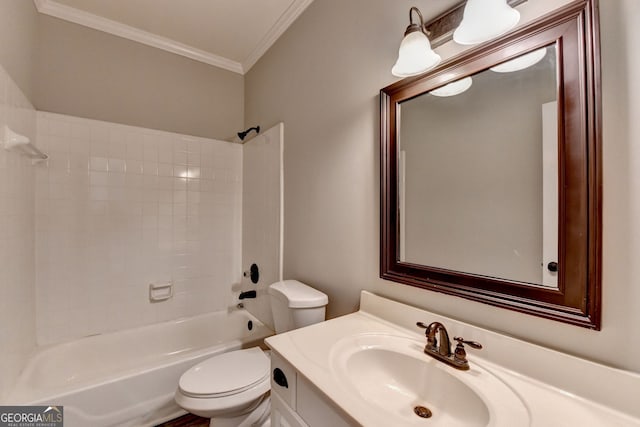 2049 Mclain Rd NW, Acworth, GA 30101 - bathroom with crown molding, toilet, vanity, and bathtub / shower combination