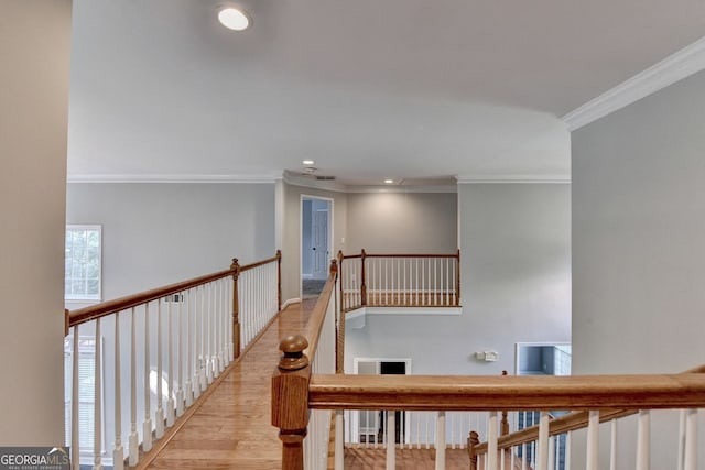 2049 Mclain Rd NW, Acworth, GA 30101 - staircase with wood finished floors, crown molding, and recessed lighting