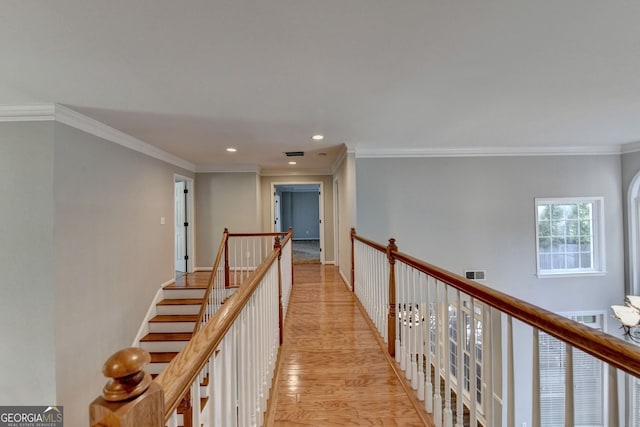 2049 Mclain Rd NW, Acworth, GA 30101 - corridor featuring light wood finished floors, crown molding, and recessed lighting