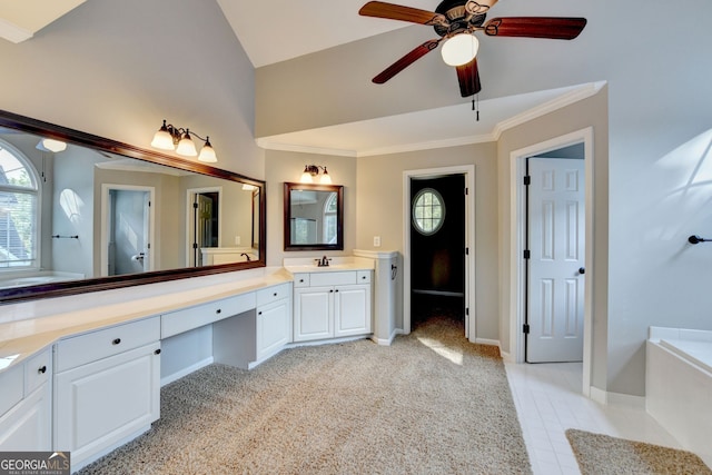 2049 Mclain Rd NW, Acworth, GA 30101 - bathroom with ceiling fan, a bath, vaulted ceiling, ornamental molding, and baseboards