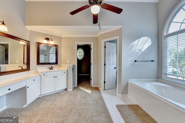2049 Mclain Rd NW, Acworth, GA 30101 - full bath featuring healthy amount of natural light, a ceiling fan, a garden tub, vanity, and ornamental molding