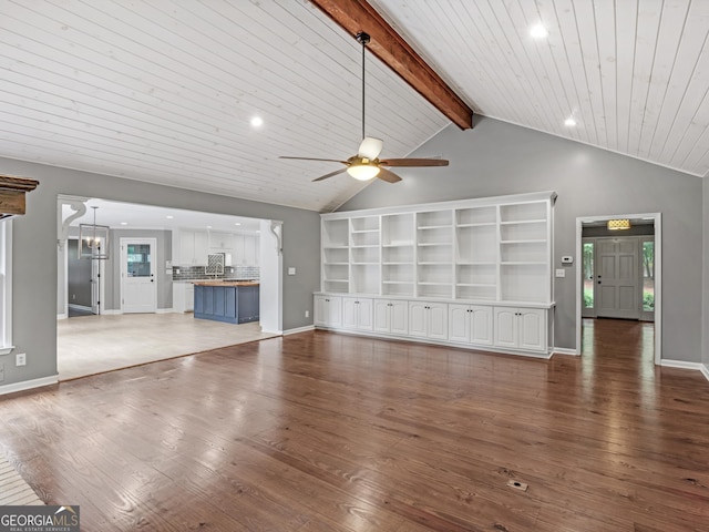 230 Shorewood Ct, Mcdonough, GA 30252 - unfurnished living room with ceiling fan, recessed lighting, hardwood / wood-style floors, a chandelier, and wooden ceiling