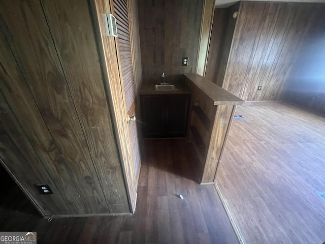 491 Cavender Creek Rd, Carrollton, GA 30116 - bathroom featuring a sink, hardwood / wood-style flooring, and wooden walls