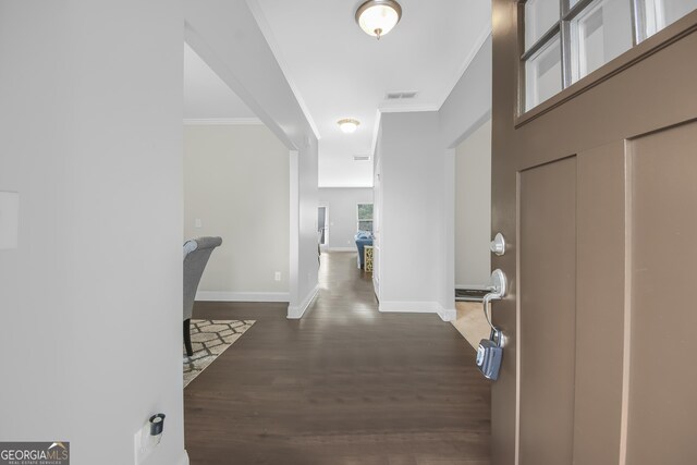 1720 Grant Ct, Braselton, GA 30517 - entryway featuring crown molding, dark wood-style flooring, and baseboards