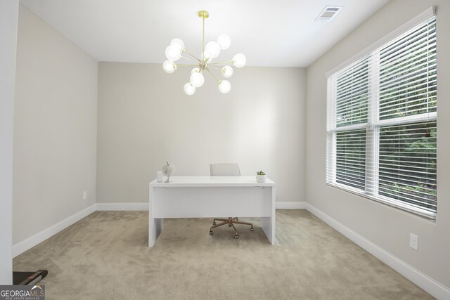 1720 Grant Ct, Braselton, GA 30517 - office with light carpet, a chandelier, and baseboards