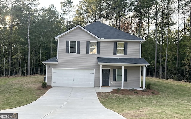 traditional-style home featuring an attached garage, driveway, a front lawn, and a porch