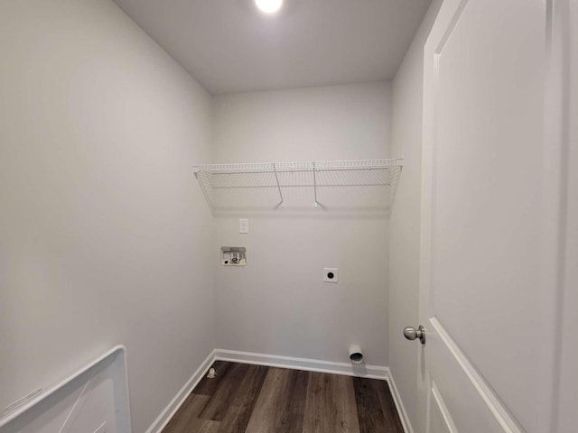 clothes washing area featuring electric dryer hookup, dark wood-style floors, baseboards, and hookup for a washing machine