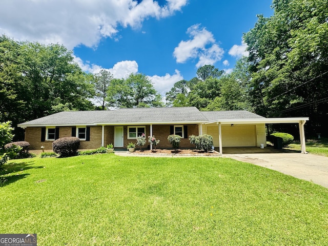 ranch-style house with driveway, an attached carport, a front lawn, and an attached garage