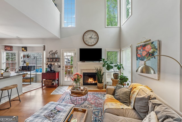 living room with plenty of natural light, a premium fireplace, and a high ceiling