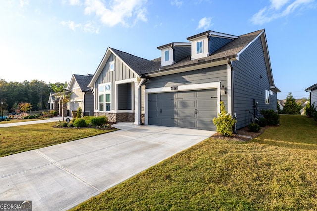 6821 Bungalow Rd, Flowery Branch, GA 30542 - craftsman-style house featuring concrete driveway, a front yard, an attached garage, and board and batten siding