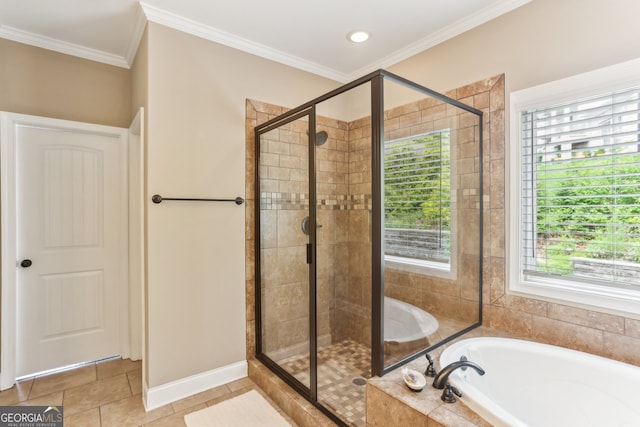 59 Grand Georgian Ct NE, Cartersville, GA 30121 - full bathroom with a garden tub, a stall shower, ornamental molding, and tile patterned flooring