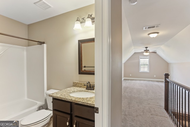 59 Grand Georgian Ct NE, Cartersville, GA 30121 - full bath featuring vanity, ceiling fan, lofted ceiling, and shower / tub combination