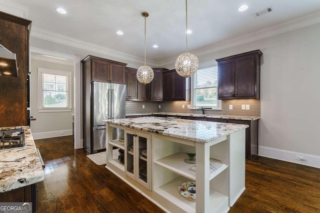 kitchen featuring appliances with stainless steel finishes, open shelves, dark brown cabinets, baseboards, and dark wood finished floors