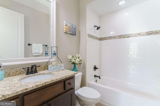 full bath with toilet, bathtub / shower combination, and vanity