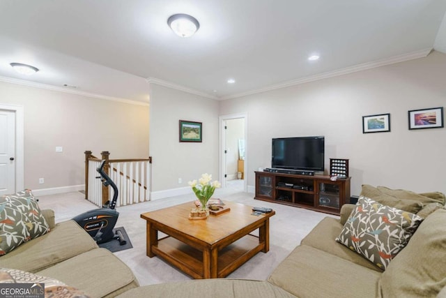 living room with crown molding, recessed lighting, light colored carpet, and baseboards
