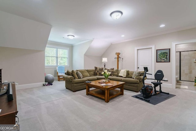 living room featuring ornamental molding, light carpet, baseboards, and recessed lighting