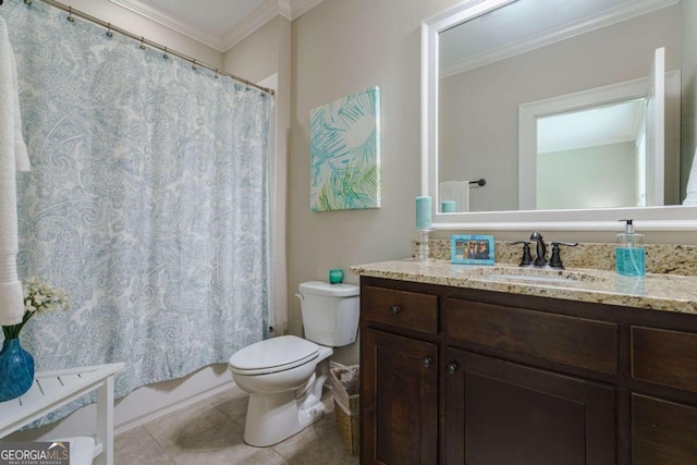 bathroom featuring ornamental molding, toilet, tile patterned floors, vanity, and shower / bathtub combination with curtain