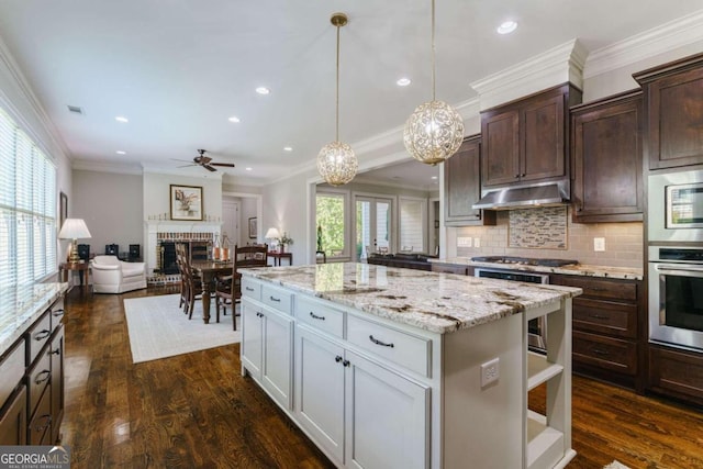 kitchen featuring appliances with stainless steel finishes, under cabinet range hood, ceiling fan, tasteful backsplash, and dark brown cabinets