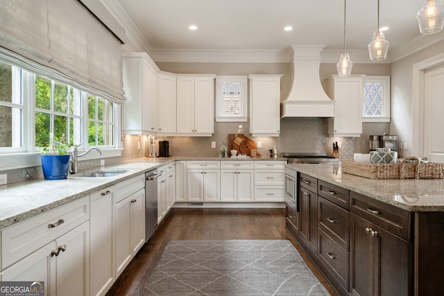 1849 Rock Springs Ln NE, Atlanta, GA 30324 - kitchen featuring a sink, custom exhaust hood, white cabinets, dark wood finished floors, and dark brown cabinetry