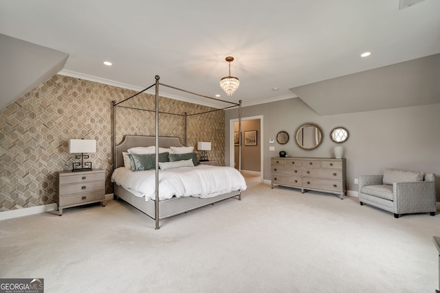 1849 Rock Springs Ln NE, Atlanta, GA 30324 - bedroom with crown molding, baseboards, carpet flooring, wallpapered walls, and recessed lighting