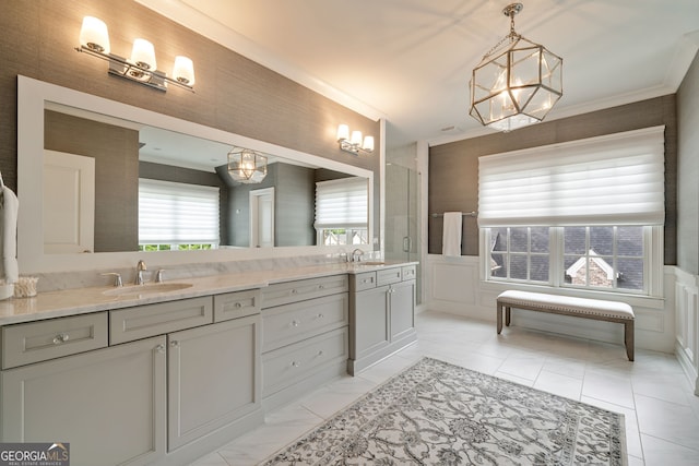 1849 Rock Springs Ln NE, Atlanta, GA 30324 - full bath featuring a chandelier, double vanity, an enclosed shower, crown molding, and a decorative wall